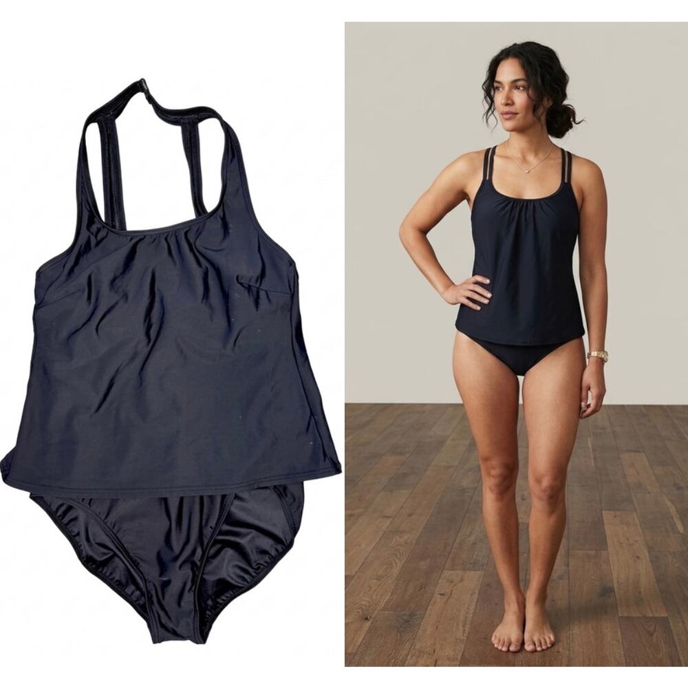 Lands’ End SlenderSuit Black Square Neck Underwire One Piece Swimsuit Size 12